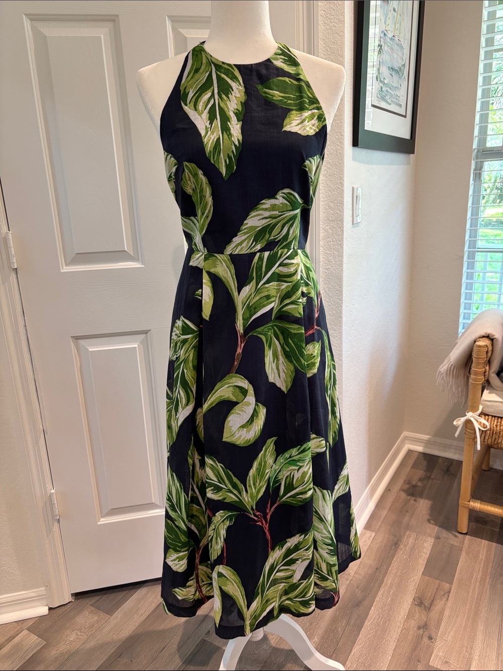 Ann Taylor Navy Halter Midi Dress with Green Leaf Print